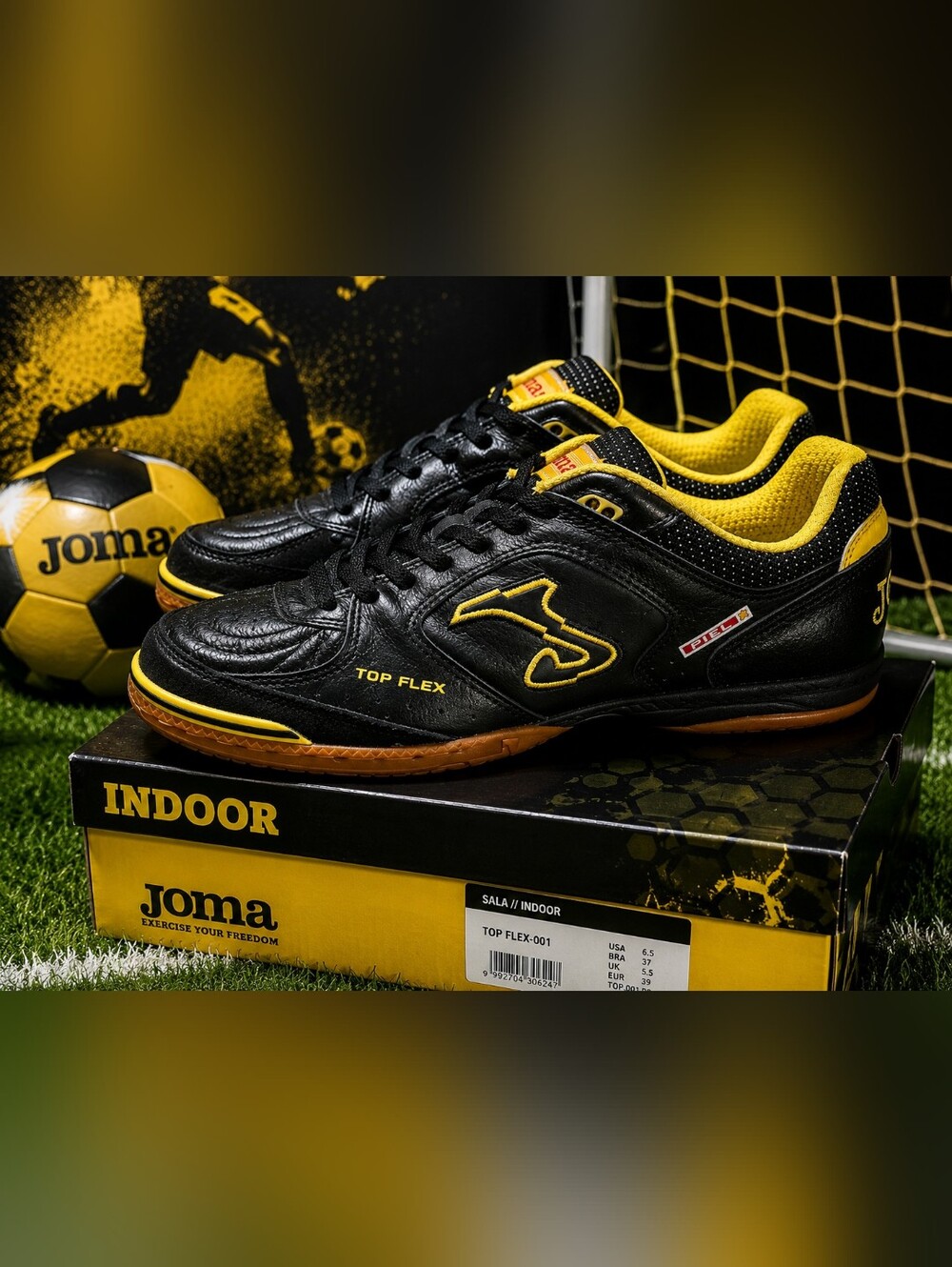 Joma Top Flex 001 Indoor Soccer Shoes Black Yellow Leather Mens US 6.5 EU 39
